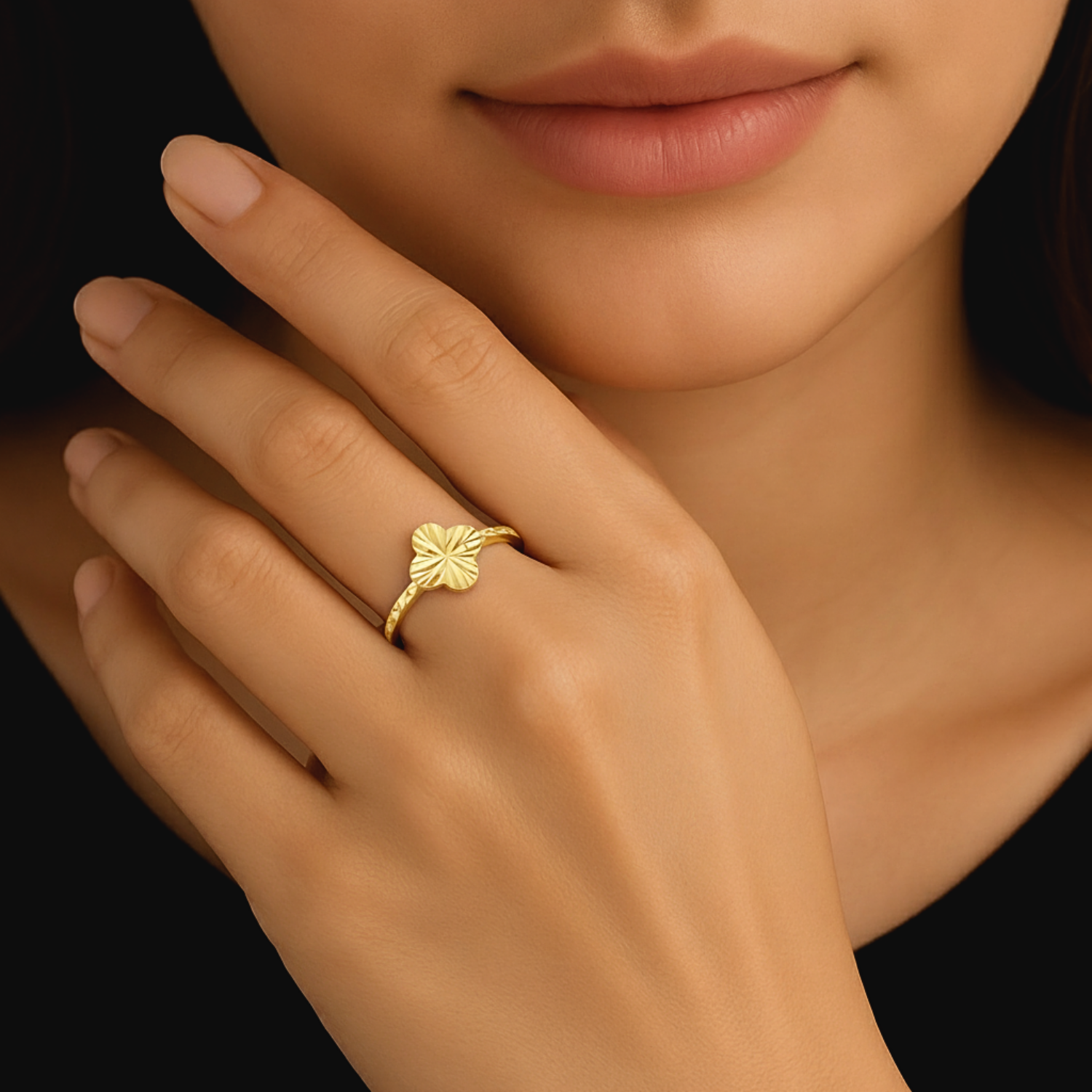 10K Solid Yellow Gold Four Leaf Clover Ring, With Hand Engraved Diamond-Cuts