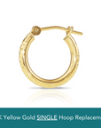 Single Replacement 14K Yellow Gold Hoop Earring with Hand Engraved Tornado Design
