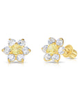 14K Yellow Gold Large Flower Halo CZ Birthstone Stud Earrings, Available in 12 Colors
