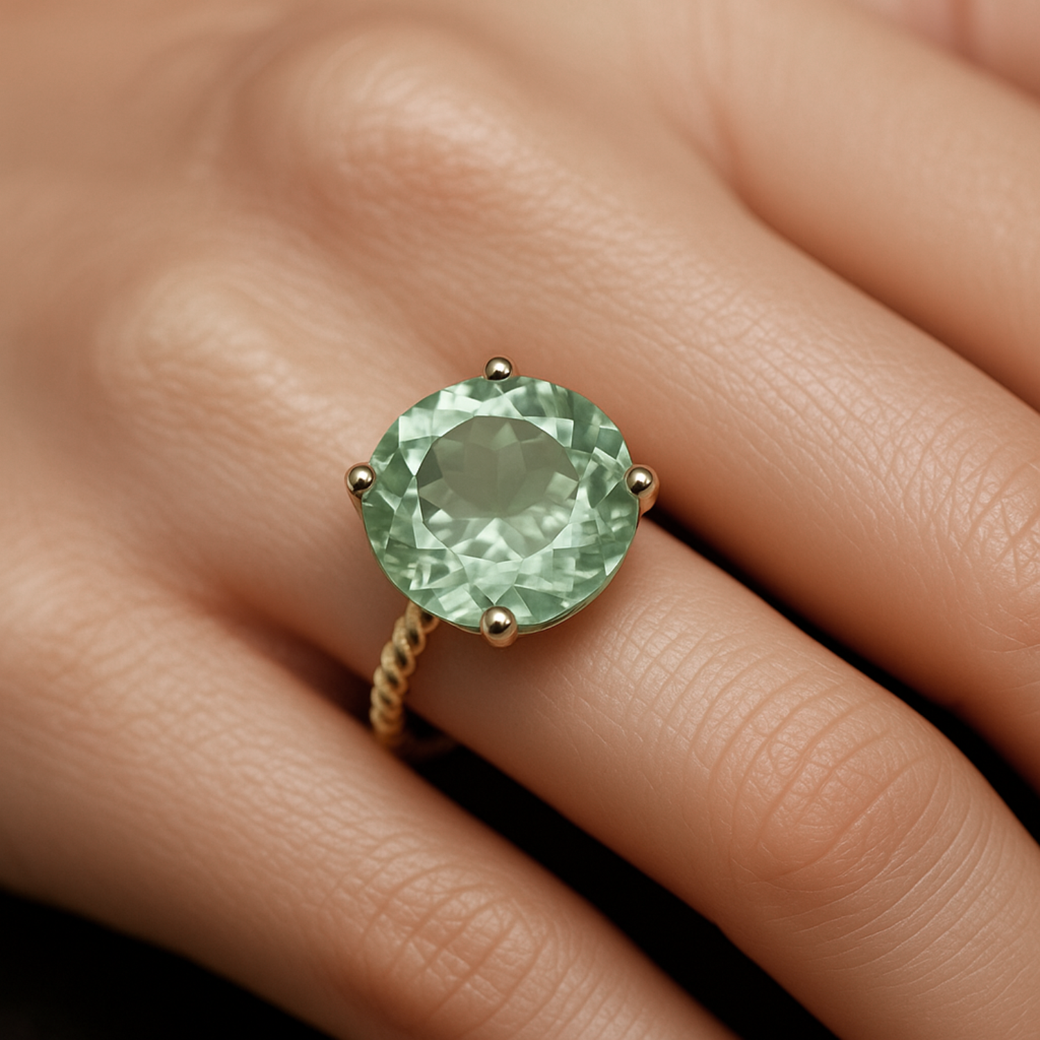 14K Solid Gold Ring With 5.5 Carat Natural Green Amethyst - 12.0 MM Round Cut Statement Ring