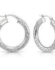 Sterling Silver Diamond-Cut Round Hoop Earrings, Medium Hoop Earrings 28mm, Hand Engraved Design