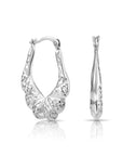 Sterling Silver Diamond-Cut Oval Croissant Hoop Earrings, Hand Engraved Design