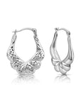 Sterling Silver Diamond-Cut Oval Croissant Hoop Earrings, Hand Engraved Design