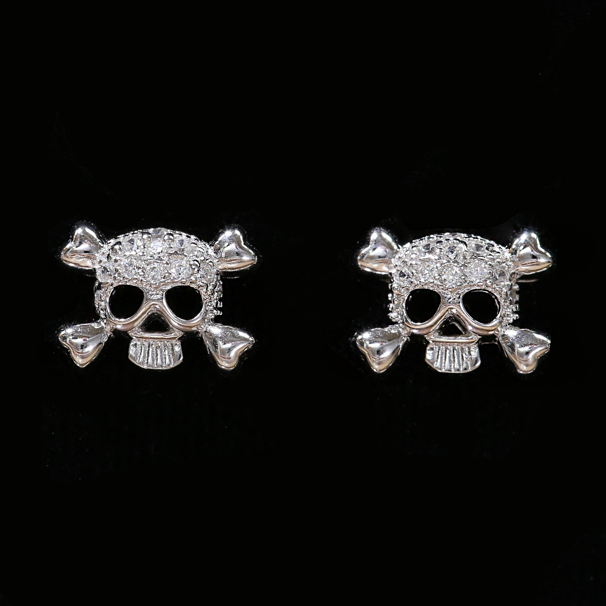 CZ Small Skull and Bones Stud Earrings in Sterling Silver