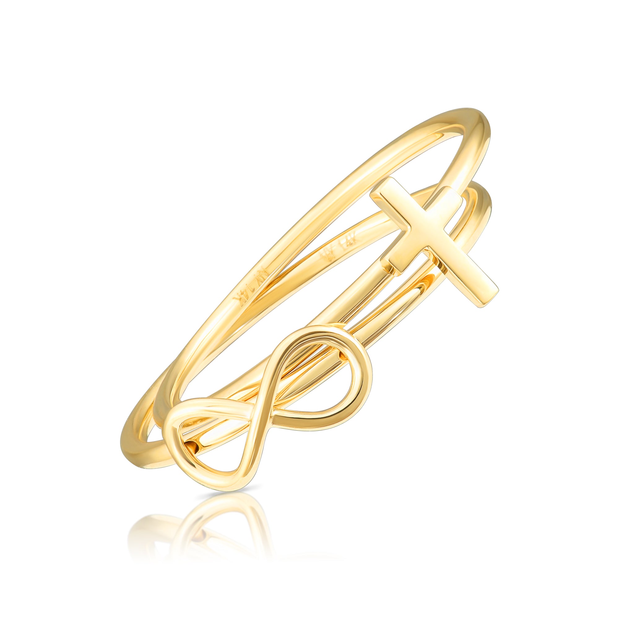 Solid 14k Gold Infinity Cross Ring, Stackable Religious Ring 2 Piece Set