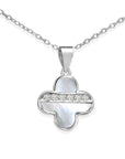 925 Sterling Silver Four Leaf Clover, Mother Of Pearl Design, With CZ Stones, Adjustable Necklace 18"-20"