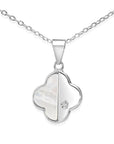 925 Sterling Silver Four Leaf Clover, Mother Of Pearl Design, With CZ Stones, Adjustable Necklace 18"-20"
