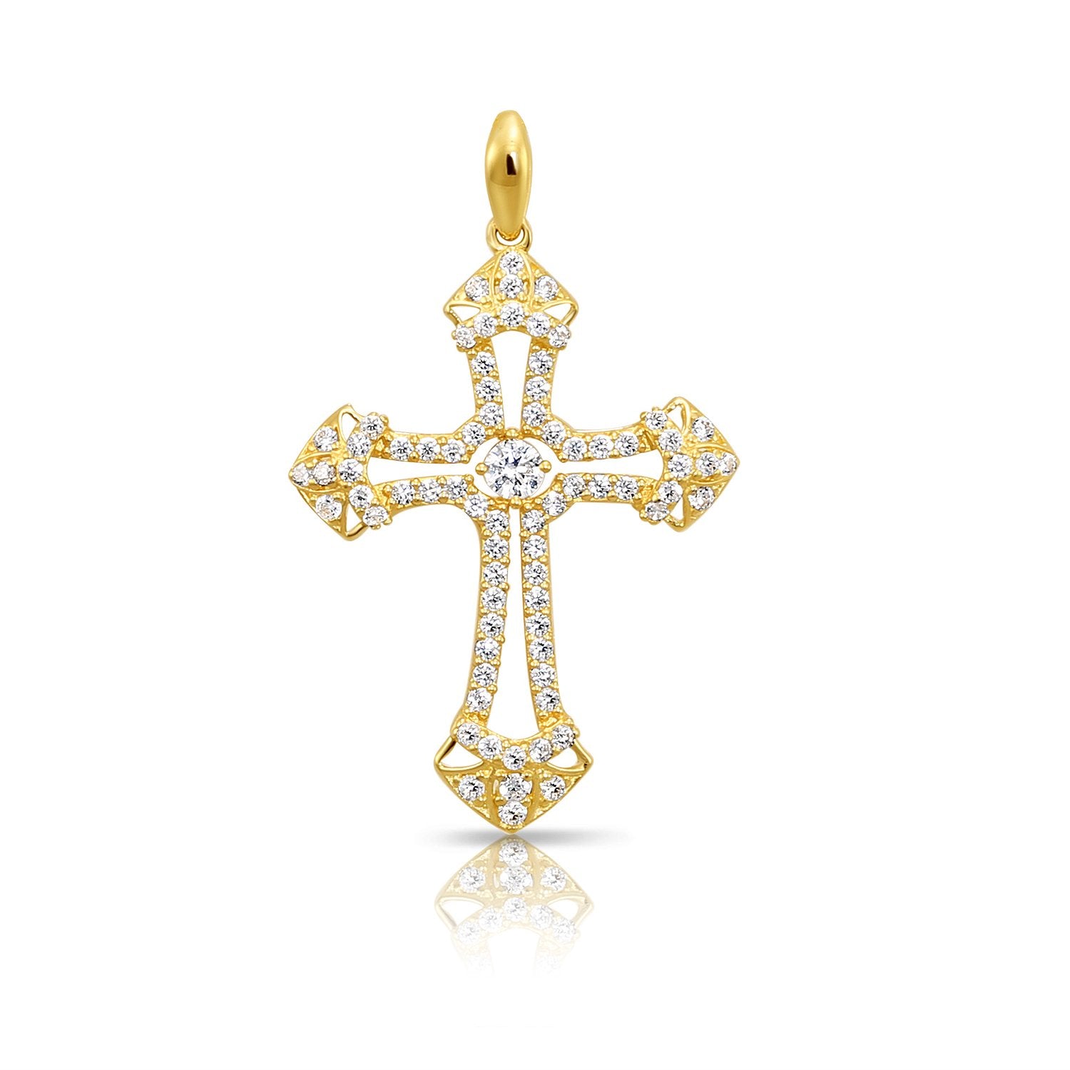 14K Solid Yellow Gold CZ Cross Pendant, With 18" Cable Chain Necklace