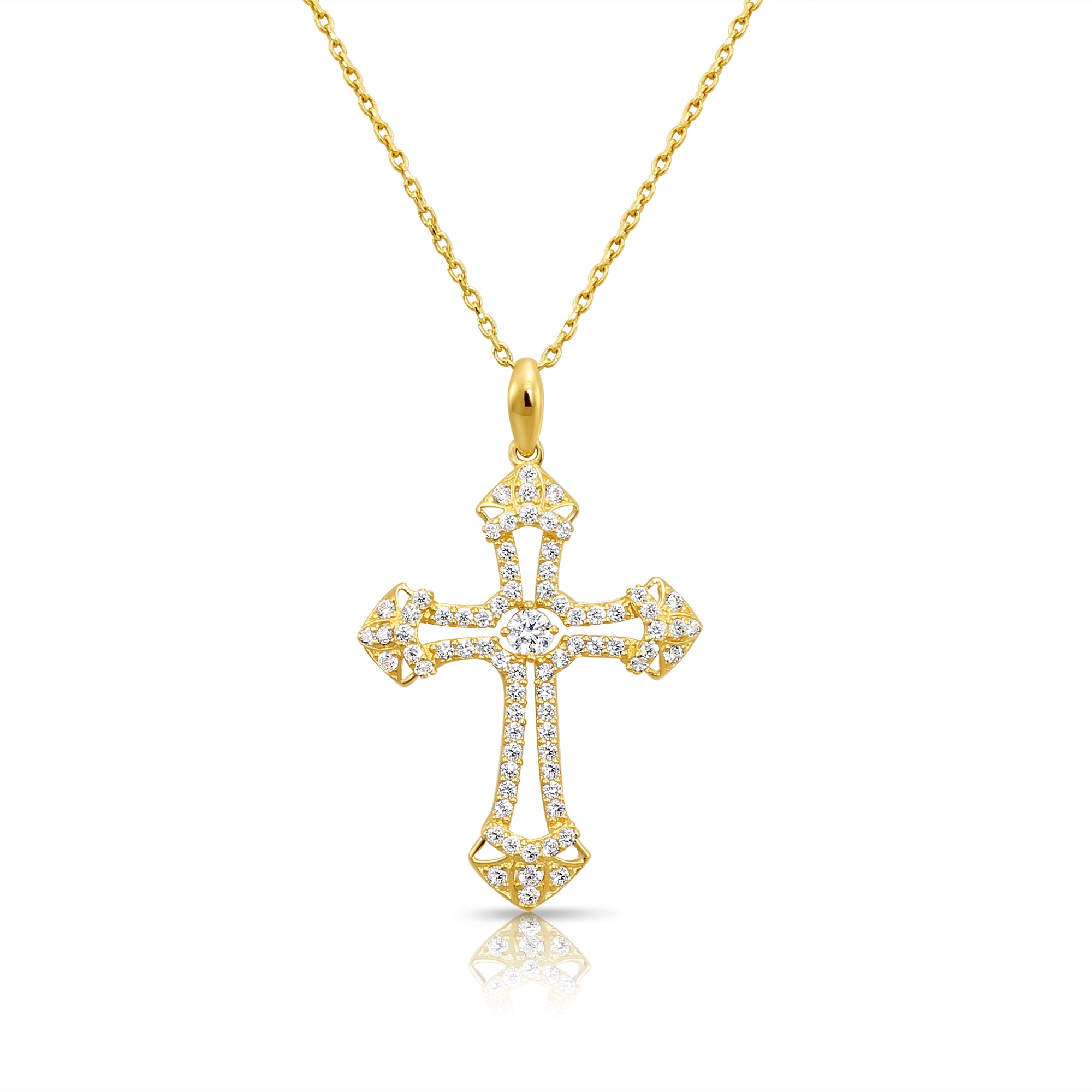 14K Solid Yellow Gold CZ Cross Pendant, With 18" Cable Chain Necklace