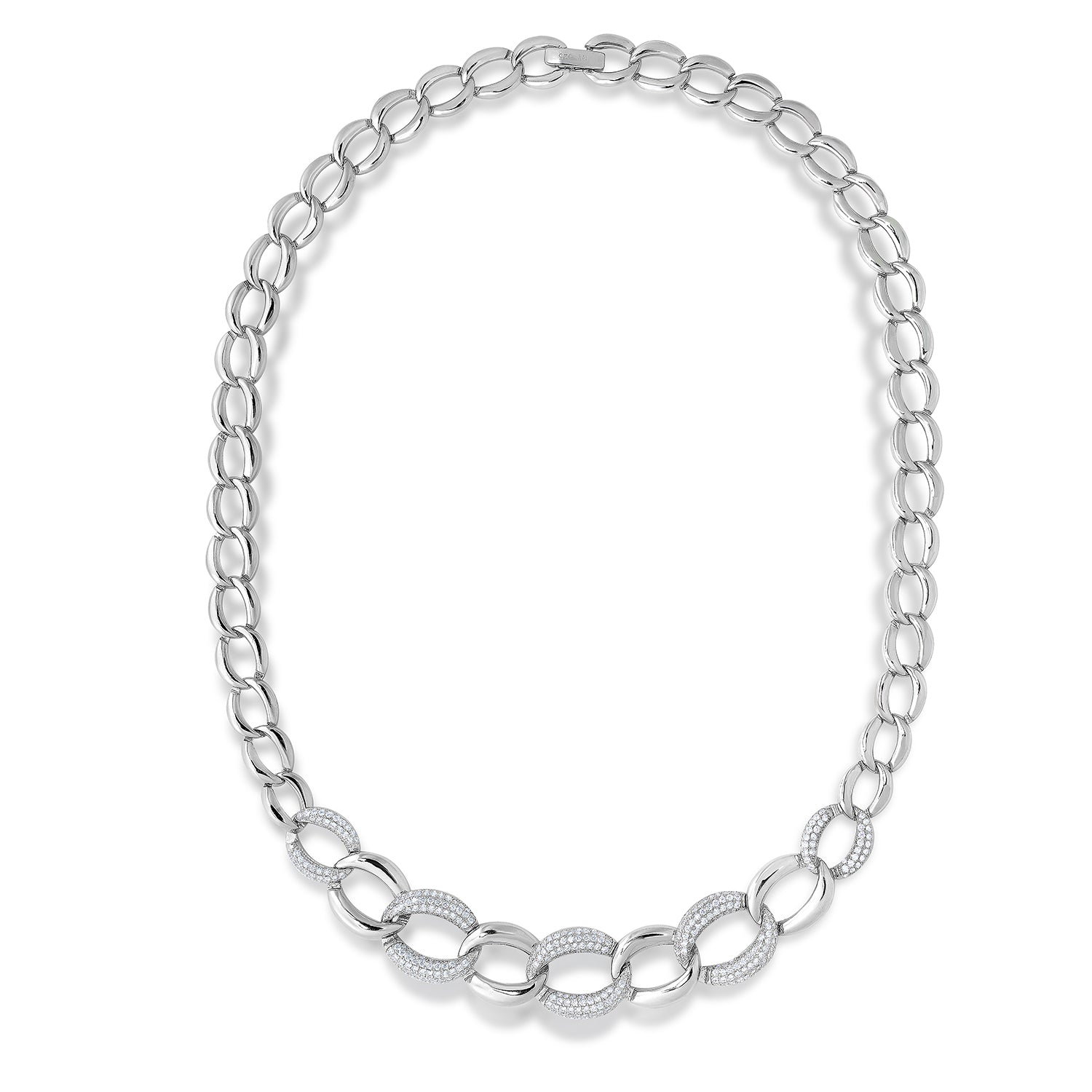 Solid 925 Sterling Silver Cuban Link Necklace, Set With Pave