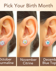 Flower Birthstone Stud Earrings, In 925 Sterling Silver Simulated Birthstone & CZ Studs for Girls, 12 Colors Available