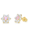 14K Yellow Gold Large Flower Halo CZ Birthstone Stud Earrings, Available in 12 Colors