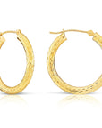 14k Yellow Gold Hand Engraved Round Hoop Earrings, Full Diamond-cut, 3mm Thin