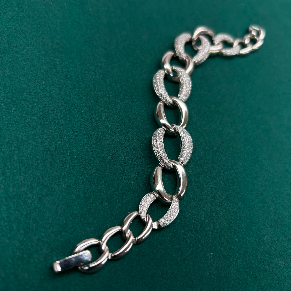 Solid 925 Sterling Silver Cuban Link Bracelet, Set With Pave
