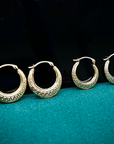 14K Yellow Gold Greek Key Curved Round Creole Hoops Earrings