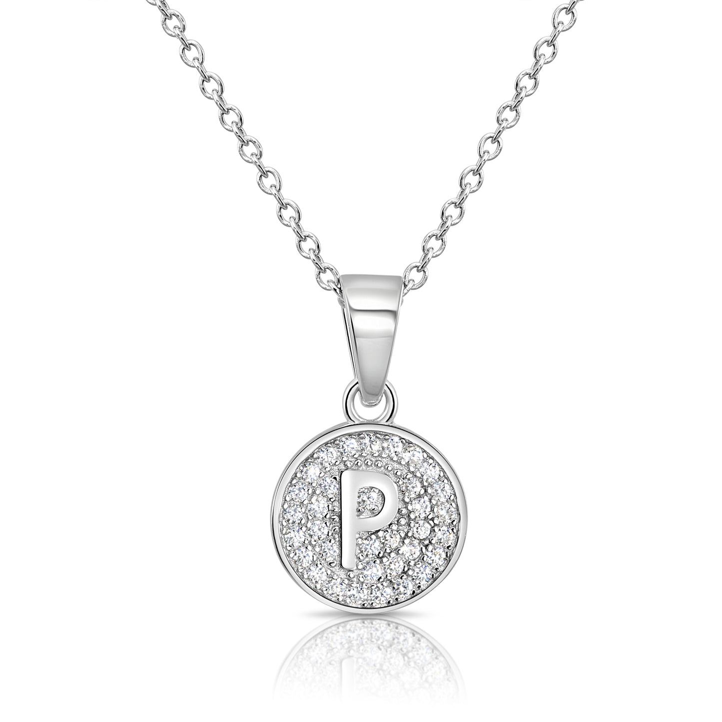 925 Sterling Silver CZ Initial Round Pendant Necklace (Letters A-Z) 16" 18"
