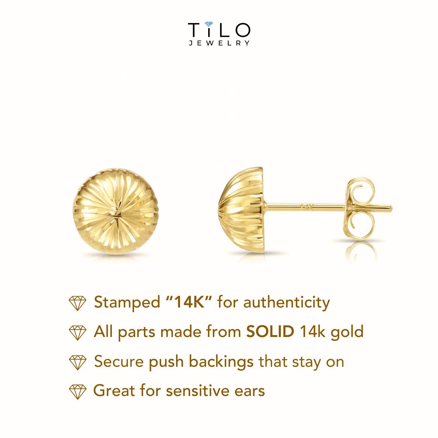 14K Gold Diamond-Cut Half Ball Stud Earrings With Pushbacks