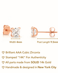 14K Rose Gold Square CZ Studs, Princess-Cut Earrings With Push-Backs, 4mm