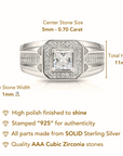 Solid 925 Sterling Silver Solitaire Princess-Cut Square Pave Wedding Pinky Ring