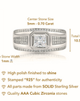 Solid 925 Sterling Silver Solitaire Princess-Cut Square Pave Wedding Pinky Ring