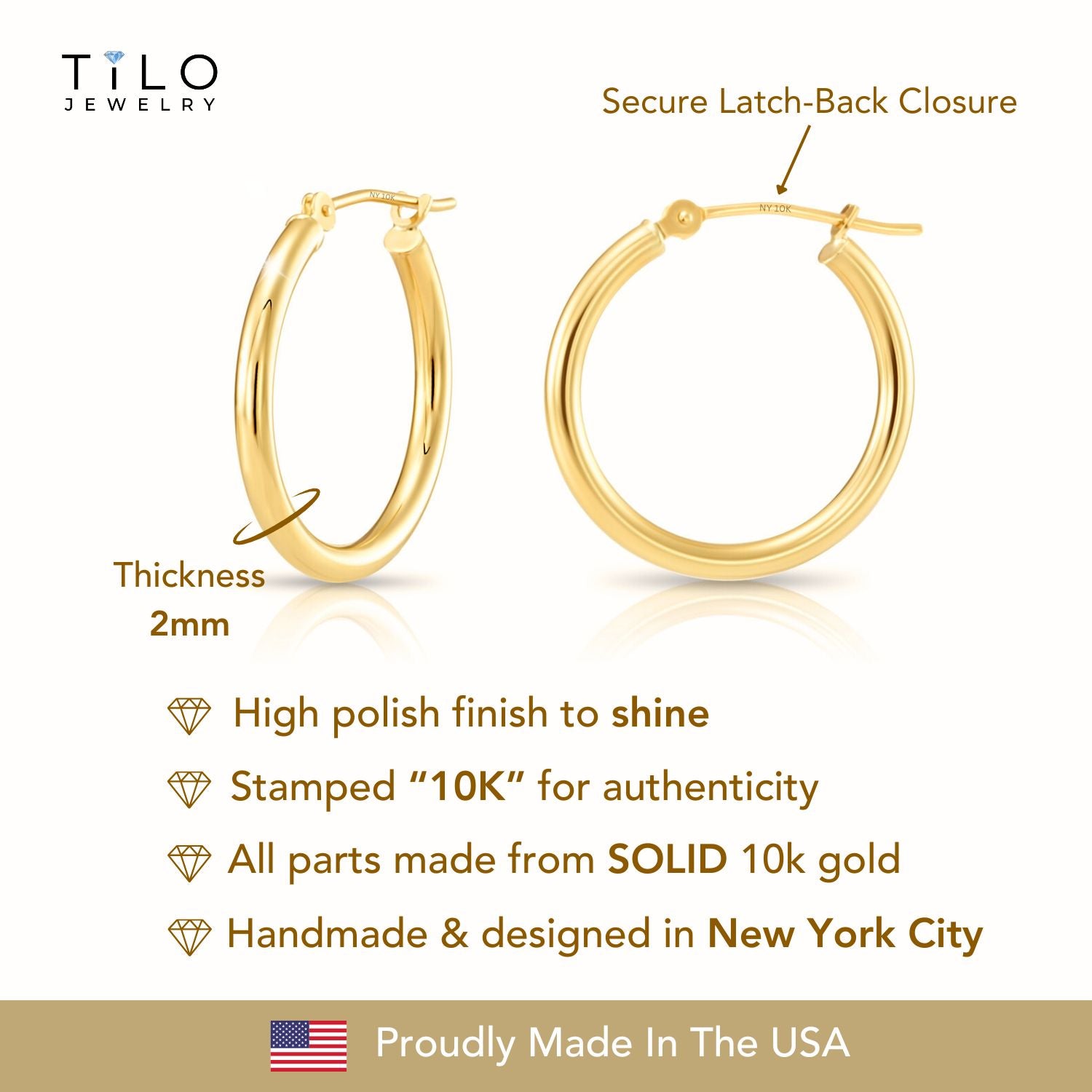 10K Yellow Gold Classic Round Hoop Earrings, 2mm Thin, All Sizes Available