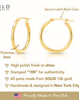 10K Yellow Gold Classic Round Hoop Earrings, 2mm Thin, All Sizes Available