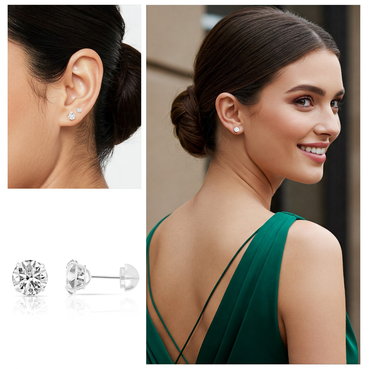 14k White Gold and Cubic Zirconia Stud Earrings, Silicone Pushback