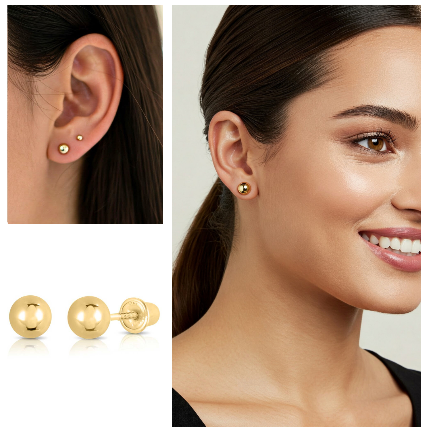 14k Yellow Gold Classic Ball Stud Earrings with Screwbacks (Unisex)