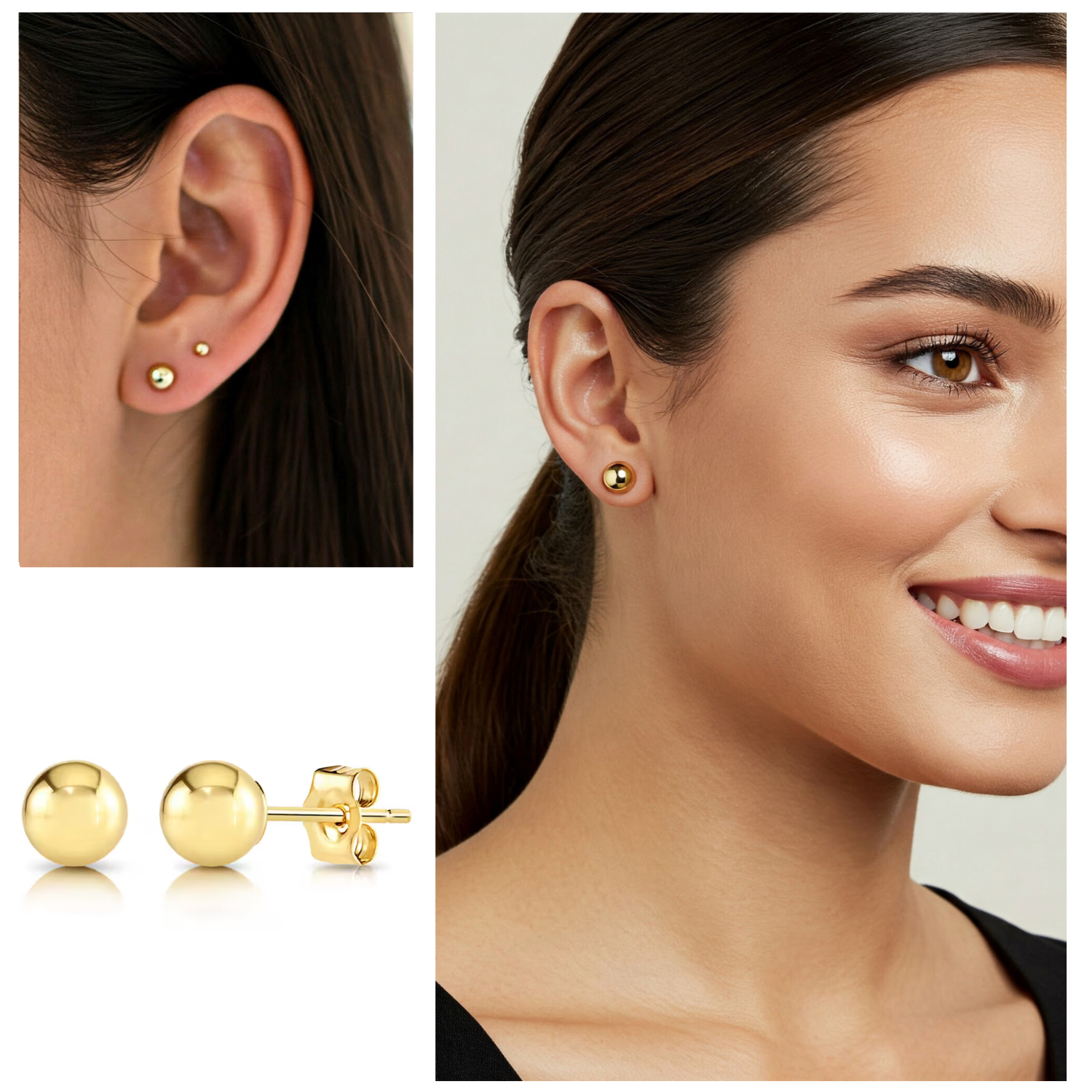 14K Yellow Gold Ball Stud Earrings with Pushbacks, With High Polish Finish