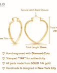 14k Yellow Gold Heart Hoop Earrings, Medium Hoops with Engravings, Diamond-Cut Design