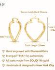 14k Yellow Gold Heart Hoop Earrings, Medium Hoops with Hand Engraved Diamond-Cuts