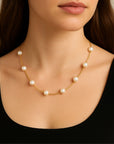 14K Gold Freshwater Pearls Station Engraved Necklace