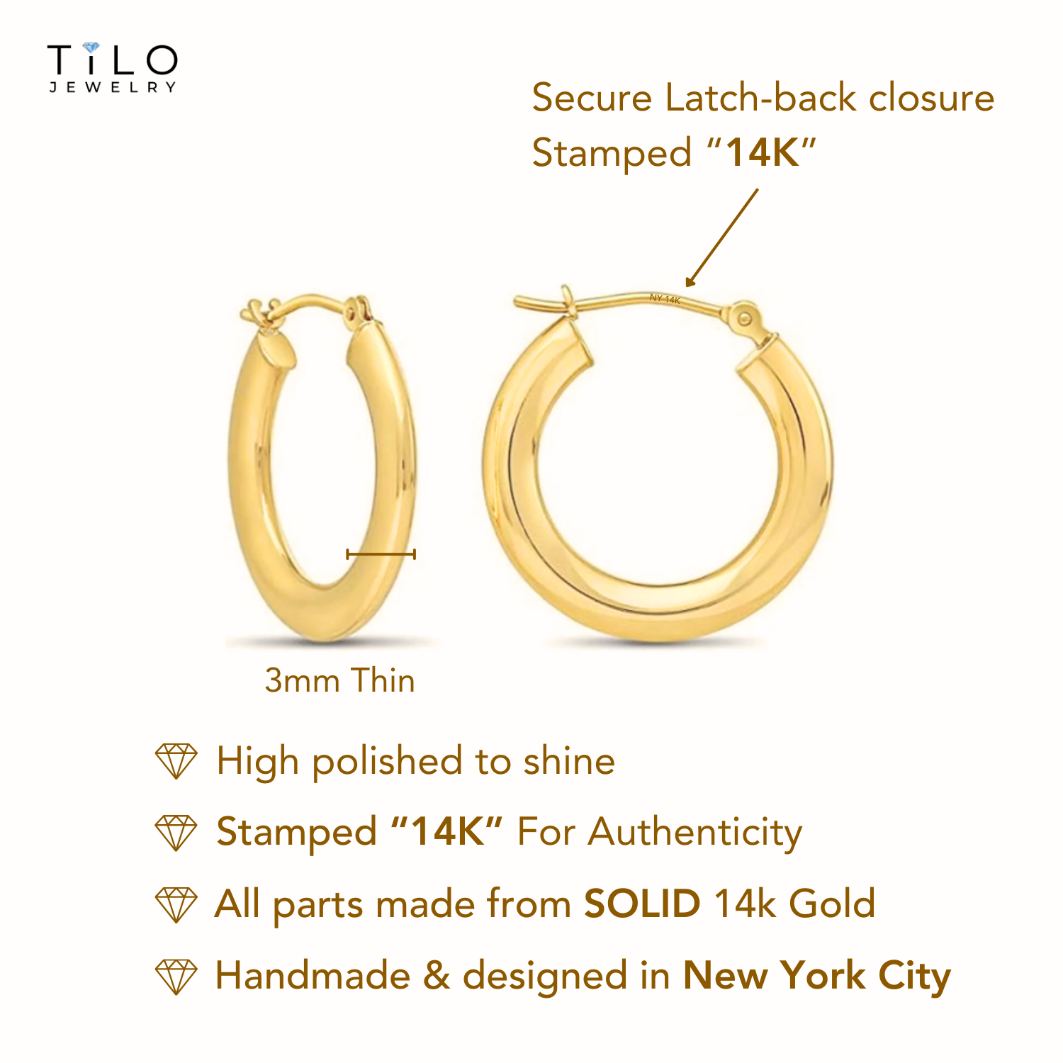 14K Yellow Gold Flat Design Hoop Earrings