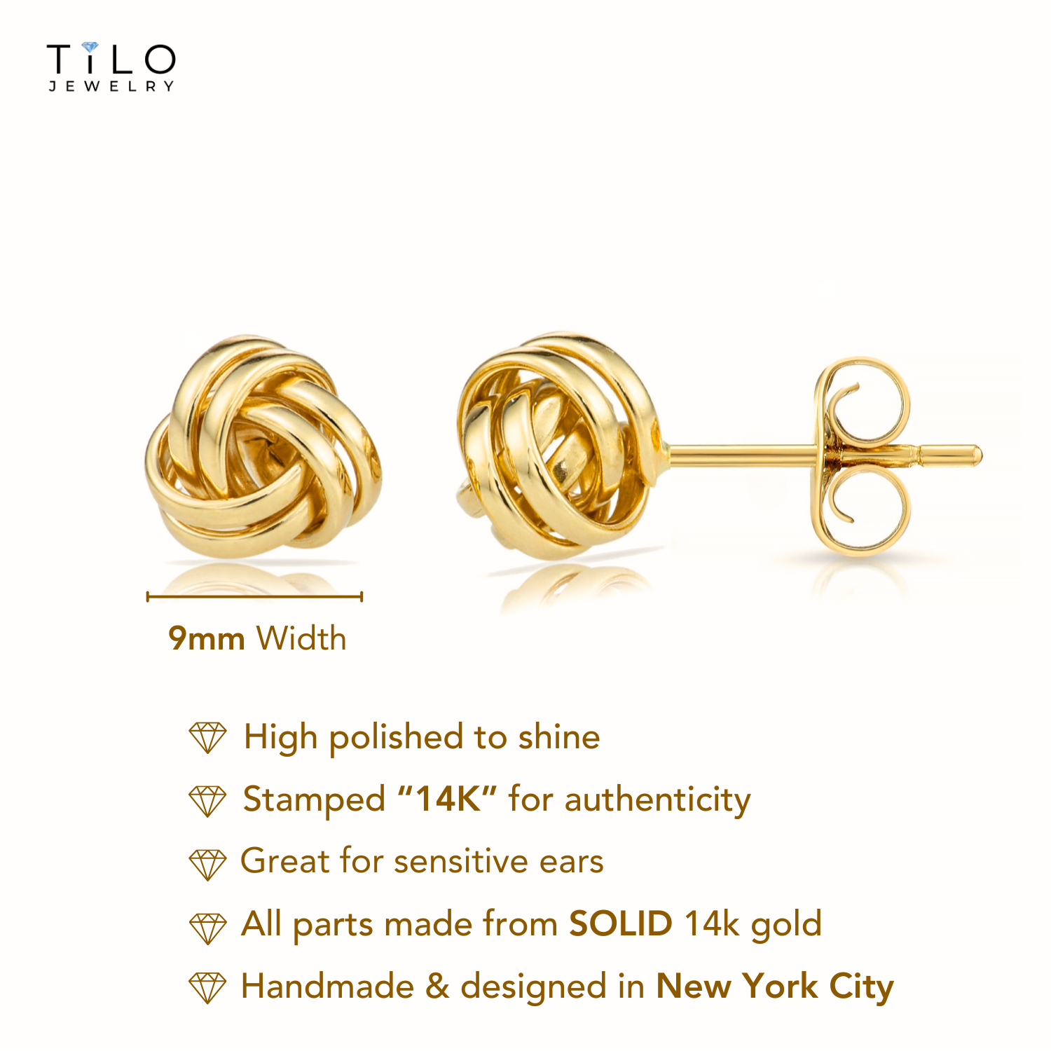 14k Gold Polished Love Knot Stud Earrings, 9mm, Pushback Studs