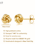 14k Gold Polished Love Knot Stud Earrings, 9mm, Pushback Studs
