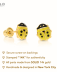 14k Yellow Gold Small Ladybug Stud Earrings, Yellow Ladybug Screw on Studs For Children