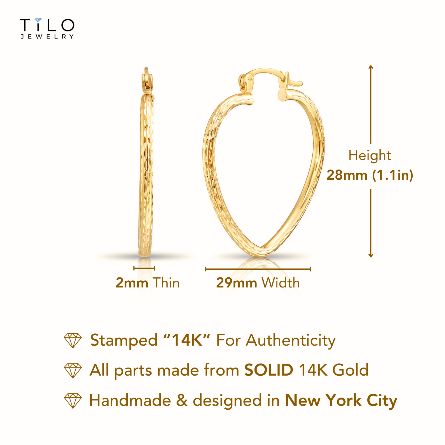 14k Yellow Gold Heart Hoop Earrings, Medium Hoops with Hand