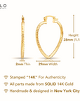 14k Yellow Gold Heart Hoop Earrings, Medium Hoops with Hand Engraved Diamond-Cuts