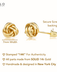14k Gold Polished Love Knot Stud Earrings with Screwbackings, 7mm