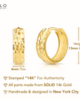 14K Gold Diamond-Cut Huggies, Dainty 13mm Gold Earrings