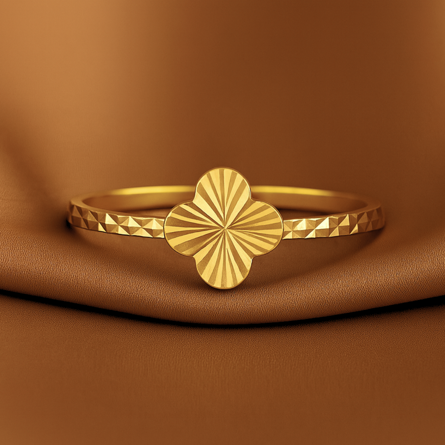 10K Solid Yellow Gold Four Leaf Clover Ring, With Hand Engraved Diamond-Cuts