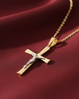 14K Two-Tone Gold Cross Jesus Crucifix Pendant, With 18" Cable Chain Necklace