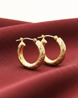 14K Yellow Gold Tornado Hoop Earrings, Diamond-Cut & Hand Engraved Design, 3mm Thin