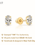 14k Solid Gold Basket Set Oval CZ Stud Earrings, With Screwbacks