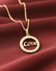 14K Solid Yellow Gold Love Script CZ Pendant, With 18" Cable Chain Necklace