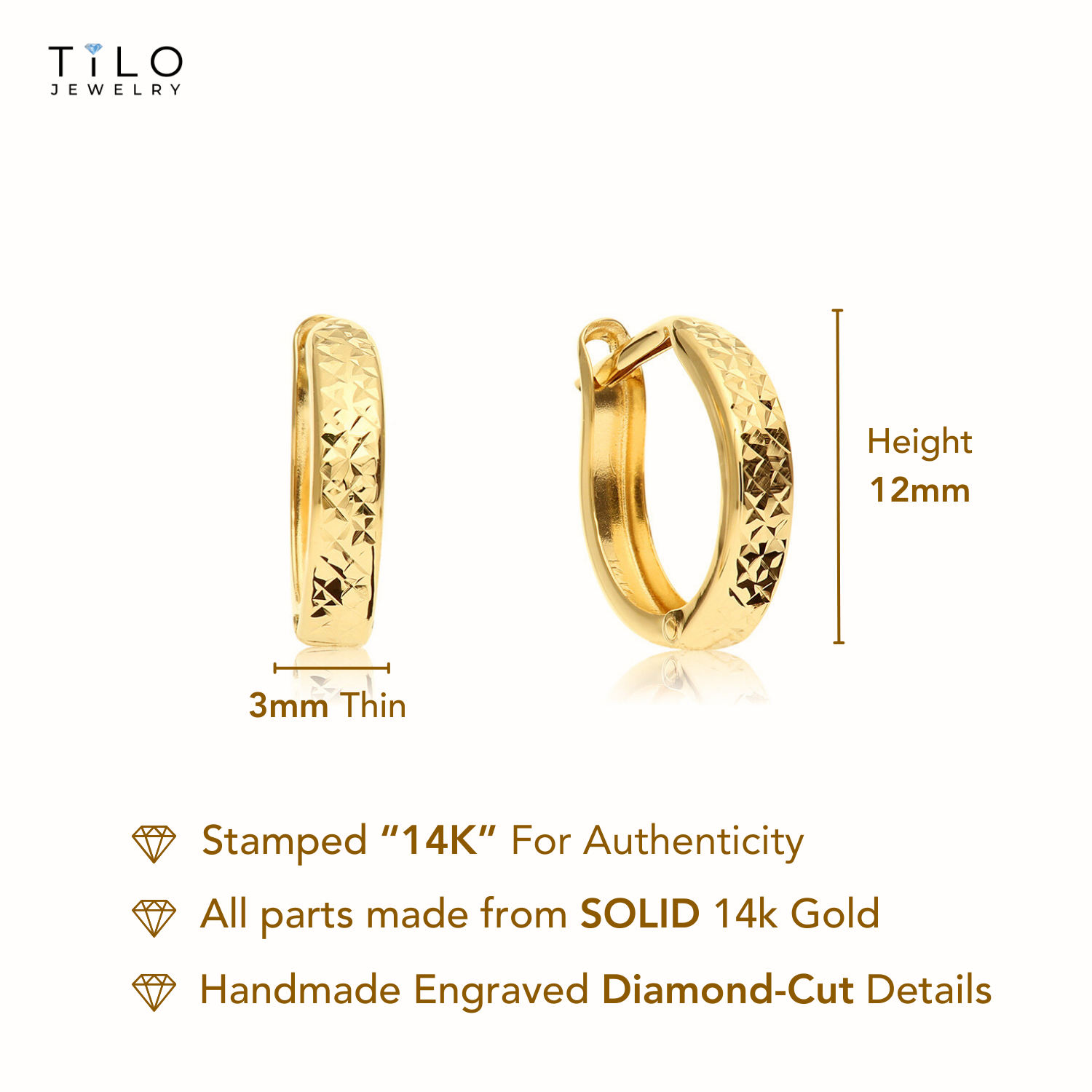 14K Gold Round Diamond-Cut Huggie Hoop Earrings