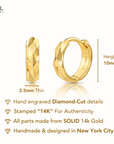 14K Gold Tiny Hand Engraved Huggies Hoop Earrings, 10mm