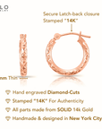 14K Rose Gold Hoop Earrings, Hand Engraved X-Pattern