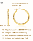 14K Yellow Gold Hoop Earrings with Hand Engraved Tornado Design, 2mm Thin, All Sizes