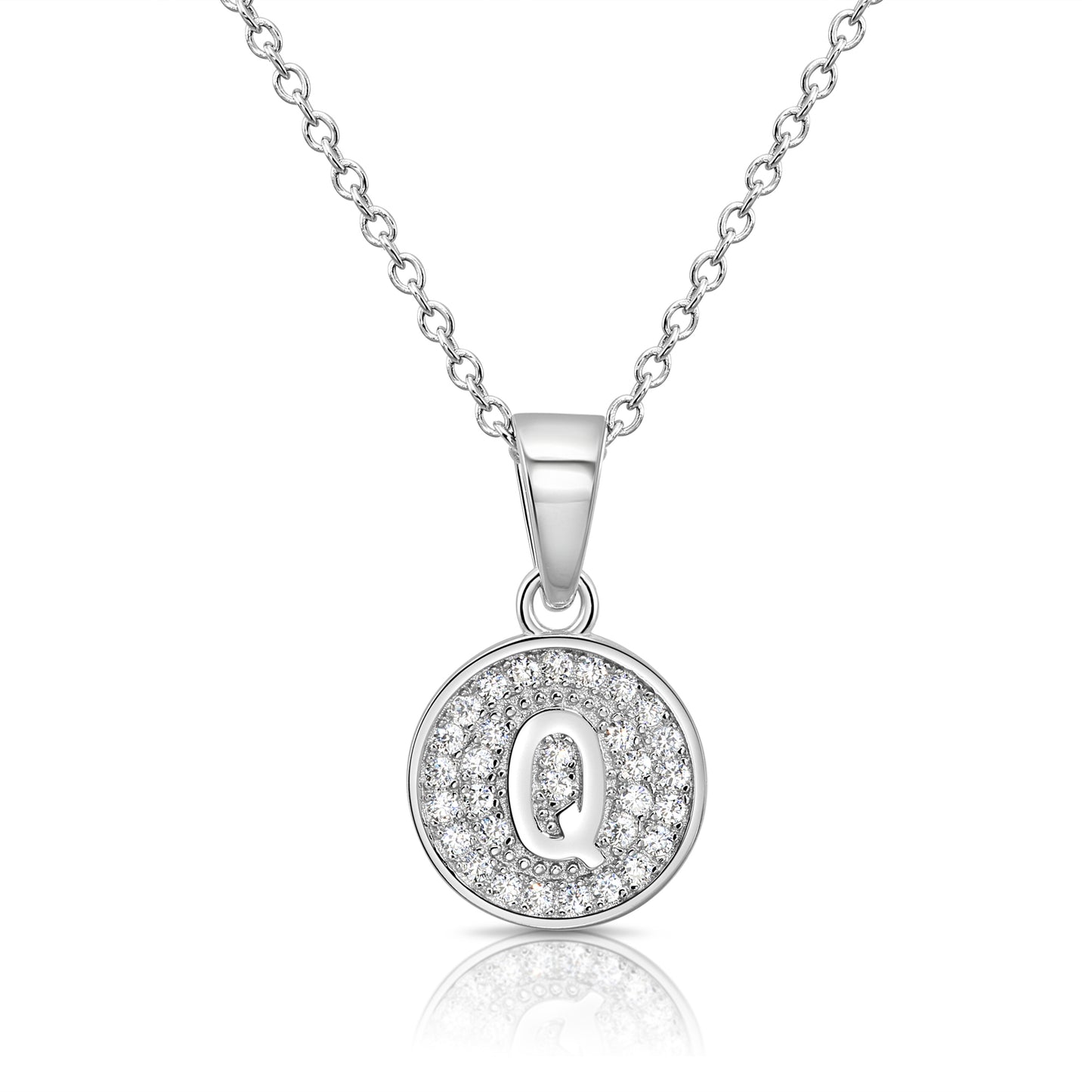 925 Sterling Silver CZ Initial Round Pendant Necklace (Letters A-Z) 16" 18"